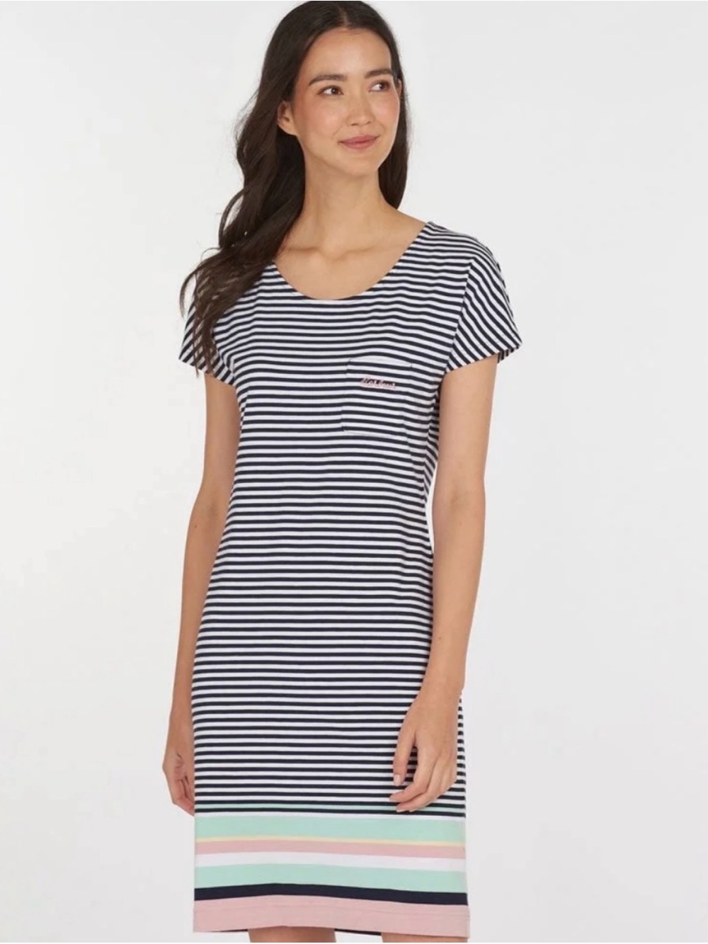 Barbour Harewood Stripe Dress US 12 Navy White Pocket Cotton Stretch Midi